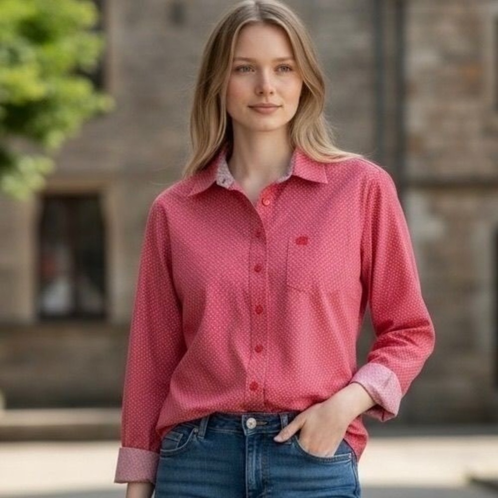Dubarry Button Down Shirt Womens 8‎ Red Micro Dot Long Sleeve Cotton Blouse